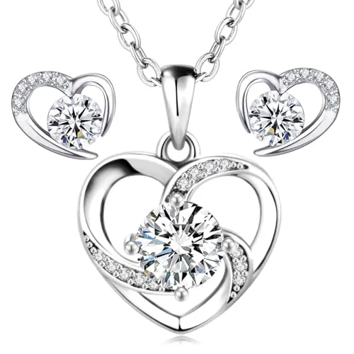 LYL.Adorer Juego de Corazón para Mujer en Plata de Ley 925 - Collar y Pendientes con Moissanita de 1 Quilate - Acabado en Oro Blanco - Incluye Caja Regalo
