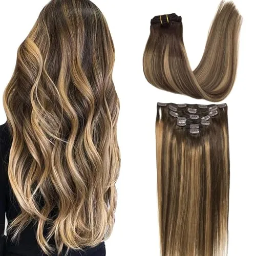 GOO GOO Extensiones Adhesivas Pelo Natural, 55cm 120g 7pcs, 4/27/4 Brun Chocolat à Blond Caramel, Extensiones de cabello humano Natural auténtico