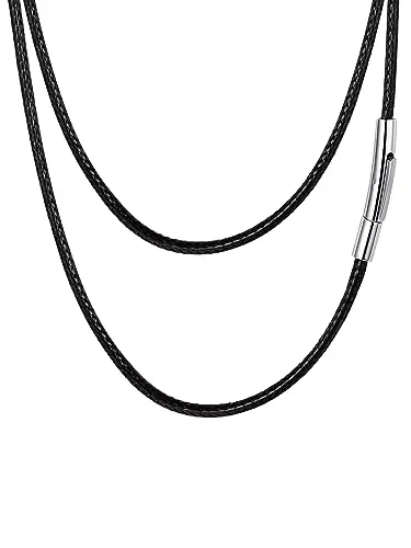 FaithHeart Collar de Cuero Cadena Hombre 2mm Cadenas Cordones Negro Cordon Cuero para Colgante con Cierre de Acero Inoxidable Plateado Joyas Hombres Mujer 45cm