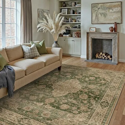 PureCozy Alfombra Salon 200x300cm Verde Antideslizante Lavable Vintage