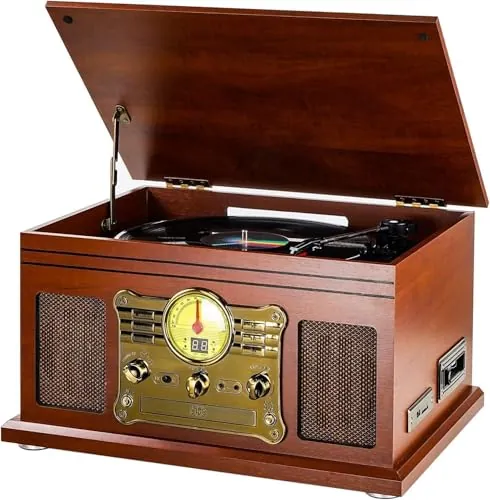 Mersoco Tocadiscos Bluetooth de Vinilo con Altavoces estéreo, Convertidor de Vinilo LP a MP3 con CD, Reproductor de Casete,Radio FM,Entrada Auxiliar y Tomas de Auriculares