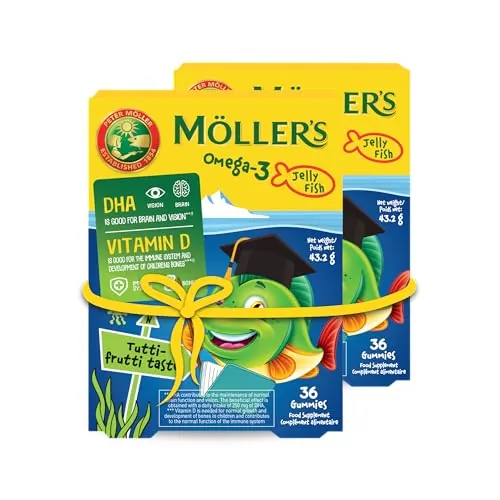 Moller’s ® | Omega 3 para niños | Omega-3 Cápsulas de Aceite de Pescado con Ácidos Grasos Omega 3 | Con DHA y EPA, Sin Gluten, Sin Lactosa, Sin Azucares Añadidos | Tutti Frutti | 36 Uds x 2