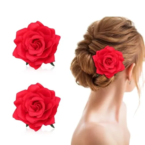 FUIPVGI 2 pinzas para el pelo de rosas grandes, tocado de rosas rojas, pinzas para el pelo de flores, tocado y pin para novia, dama de honor, niñas, mujeres, boda, graduación, fiesta, accesorios (rojo