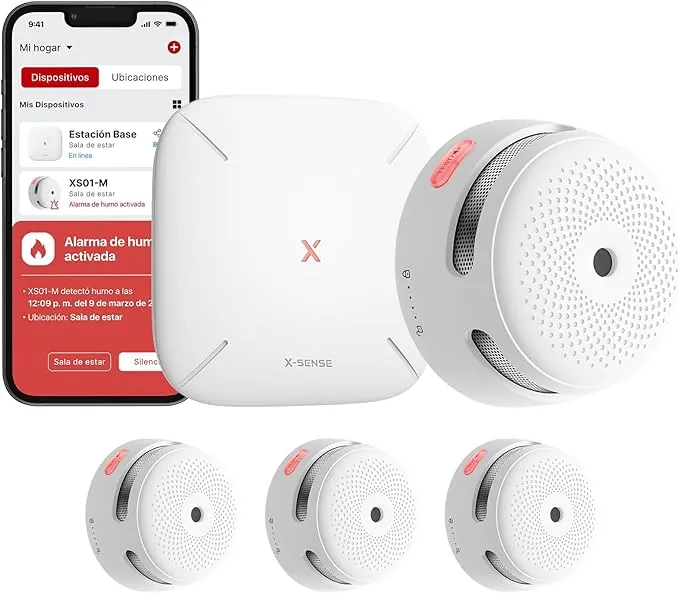 X-Sense Detector de Humo Smart XS01-M con estación Base SBS50, Detector de Humo inalámbrico con WiFi, Detector de Incendios conectable, Compatible con la aplicación X-Sense Home Security, FS31