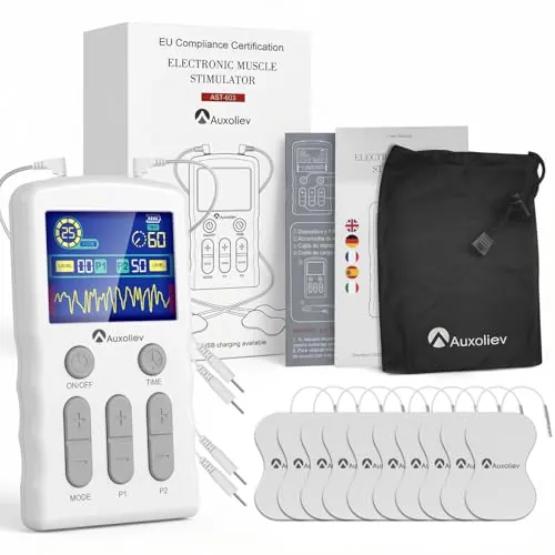 TENS/EMS Electroestimulador Muscular, Dispositivo de Multiterapia y Rehabilitación con 25 Modos & 10 Electrodos, para aliviar el dolor muscular y fortalecer los músculos, con diseño patentado
