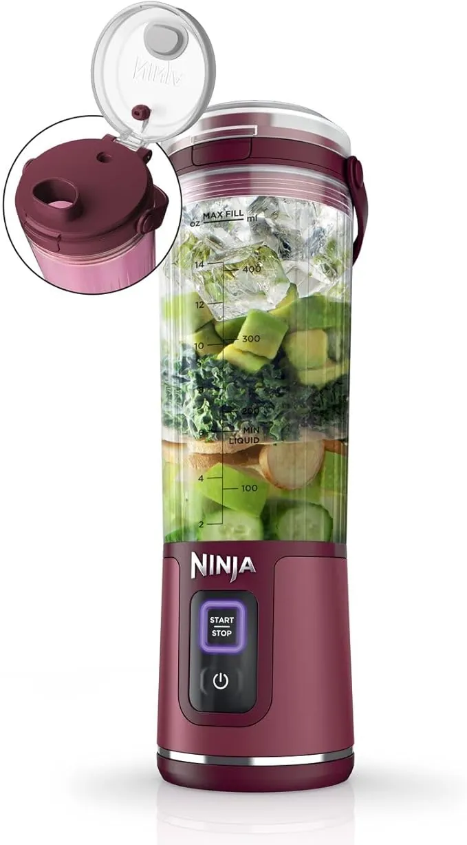 Ninja Blast Batidora portátil, Vaso de 530 ml con tapa antigoteo y boquilla para sorber, Minibatidora sin cable, recargable, smoothies, batidos de proteínas, pica hielo y frutas congeladas, BC151EUCR