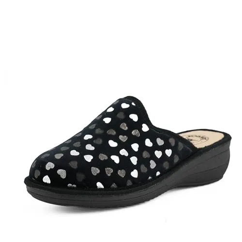 JOMIX Zapatillas Casa Mujer Invierno con Cuña Fabricadas en Italia Pantuflas Mujer Cuña con Estampado Brillante de Corazón ITD2153-1, Negro, 36 EU