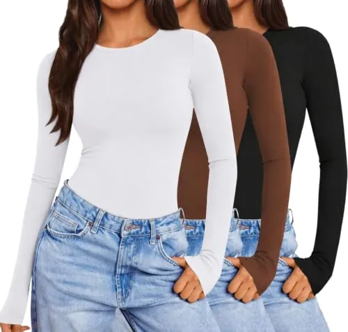 Zeagoo Camiseta Mujer Manga Larga Maglia Termica Maglie Redondo 3 Paquetes | Otoño Invierno Base Layer Ajuste Suelto Tejido Elástico Tinta Unita Tops