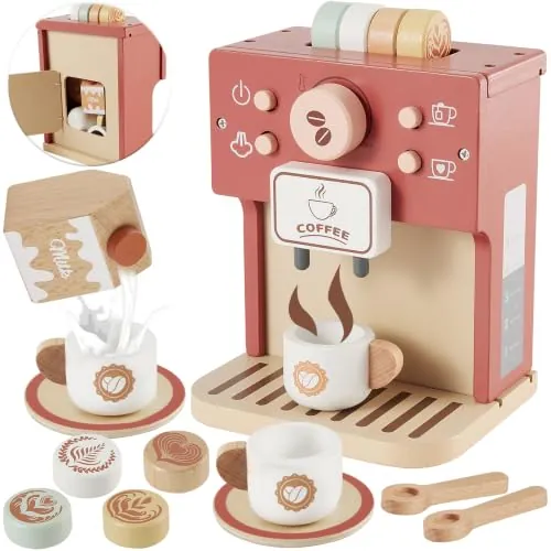 Buyger Cafetera Madera Juguete, Utensilios de Cocina de Madera para Niños | Accesorios Vocinita Infantil Amasadora, Juego de rol Comida Juguete, Regalos Educativos para Niños Niñas 3 4 5 Años