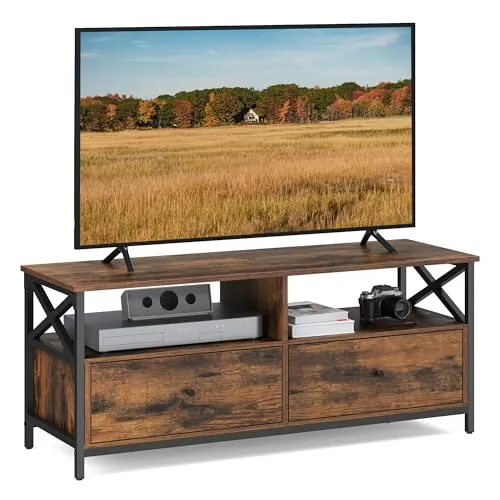 VASAGLE Mueble de TV, Mesa de TV de hasta 55 Pulgadas, Largo de 120 cm, con 2 Cajones y 2 Estantes Abiertos, 40 x 120 x 50 cm, para Salón, Dormitorio, Marco de Acero, Marrón Rústico y Negro LTV300B01
