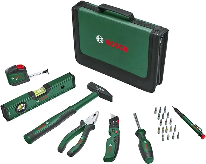 Bosch Universal Juego de herramientas manuales, 25 piezas (kit versátil de herramientas para uso general en bricolaje doméstico; cúter; alicate combinado; cinta métrica; nivel, etc.) - Amazon Edition