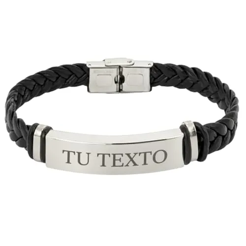 Pulsera hombre personalizada regalo - Material de cuero y acero inoxidable con acabado profesional - Pulsera hombre personalizada grabada a láser con caja regalo incluida - Medida ajustable (17-22 cm)