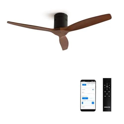 CREATE / WINDCALM NATURAL WOOD M/Ventilador de techo negro aspas madera oscura con Wifi y mando / 40W, Temporizador, Ø132 cm, 6 velocidades, silencioso, función verano-invierno