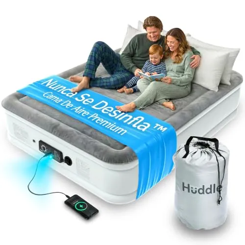 Huddle Never Deflate™ Luxury Colchón Inflable King Size, Ganador del Good Housekeeping 2025, con Hinchador Dual SlumberGuard™, firmeza Ajustable, Bomba integrada y luz Nocturna USB.