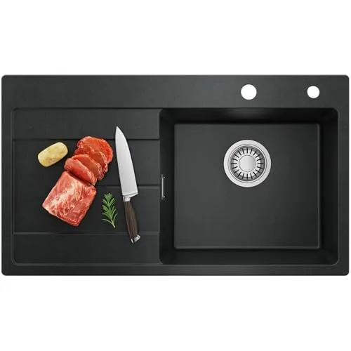 CECIPA Fregadero de cocina de 78 x 45 cm, de granito negro con escurridor, para armarios bajos de 45 cm de ancho, incluye sifón y juego de desagüe y rebosadero