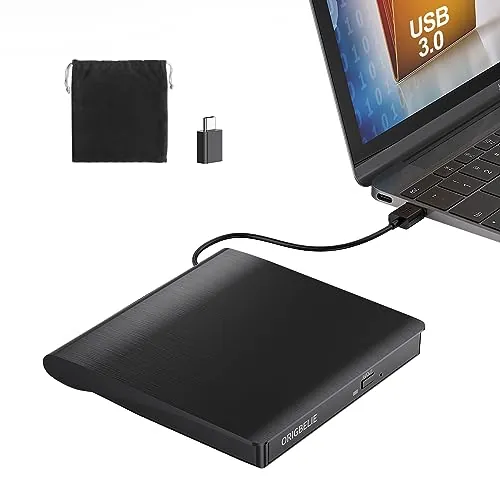 ORIGBELIE - Unidad Externa de CD/DVD para portátil, grabadora de CD USB 3.0 +/-RW CD ROM Externa, Reproductor de DVD portátil para Ordenador de sobremesa Apple Mac Windows 11/10/8/7/XP Linux OS