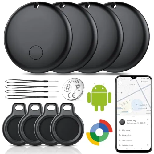 Android Smart Tag, Tracker Compatible con Google Find Hub App (Sólo Android), Localizador Bluetooth, Rastreador para Llaves, Cartera, Equipaje, Impermeable IP68, 4 Negro