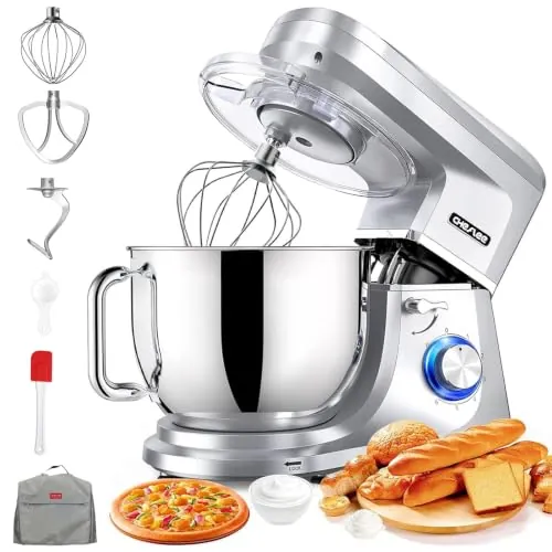 CHeflee Batidora Amasadora Profesional 2000W Amasadora de Pan con Recipiente de Acero Inoxidable de 8 L Multifuncional Amasadora Varillas y Protección para Salpicaduras 6 Velocidades