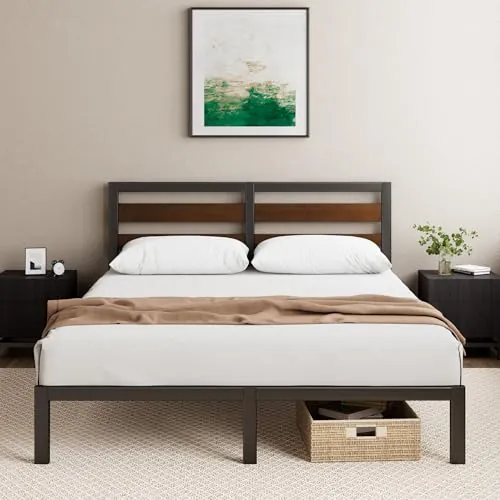 Zinus Kai Somier 135x190 cm - Altura 25.4 cm - Base Cama Matrimonio en Bambú y Acero con Cabecero - Láminas de Metal - Espacio de Almacenamiento - Montaje Fácil- Negro y Marrón
