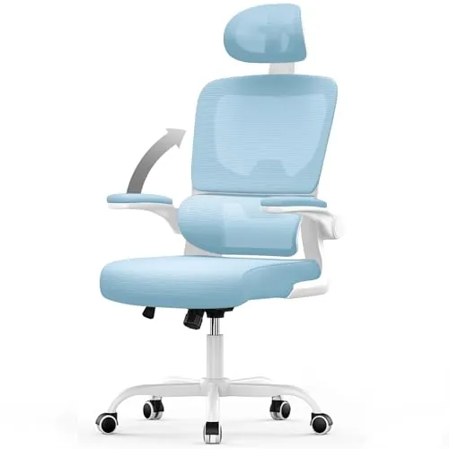 naspaluro Silla de Oficina Ergonómica con Soporte Lumbar, Silla de Escritorio de Respaldo con Reposacabezas y Altura Ajustables, Reposabrazos Abatible, Silla de Ordenador para Oficina en Casa, Azul