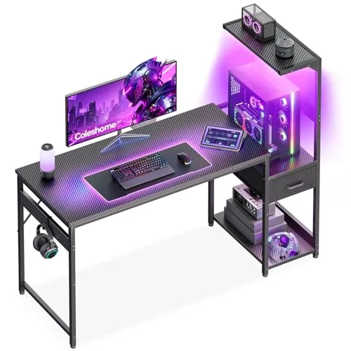 Coleshome Escritorio Gaming con LED, 138x48cm, Fibra de Carbono Negra