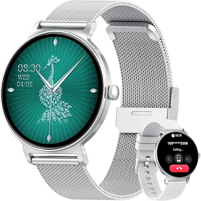 Reloj Inteligente Mujer, 1.27" Smartwatch Mujer con Llamadas, Monitor de Sueño, Función Femenina, 120+ Modos Deportivos, Podómetro, 24H Pulsómetro, SpO2, IP68, para Android/iPhone, Silvery