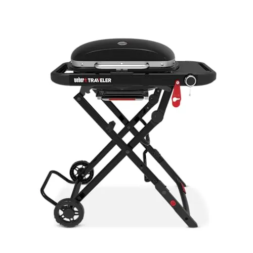 Weber Traveler Compact (2026) – Barbacoa de Gas portátil y Plegable, Ruedas, Bloqueo de Tapa, termómetro, 1 Quemador, 81 cm Ancho, área de cocción 52x36 cm, Negro