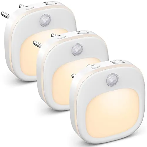 Luz Nocturna Infantil, 3 Piezas con Sensor de Movimiento, 3 Modos de Temperatura de Color y Atenuación Continua, Luz LED Blanca Cálida para Niños/Baño/pasillo/Armario