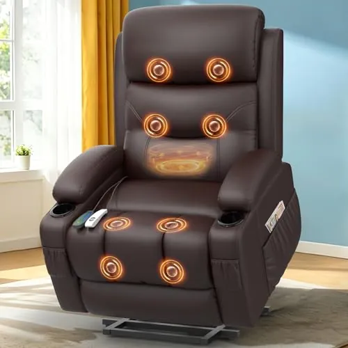 Srfzluxy Sillón reclinable con función de masaje y calefacción, sillón elevable para ancianos con puertos Type-C y USB, 4 bolsillos laterales, 2 portabebidas, sillón reclinable Rise para salón