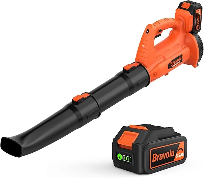 Soplador de Hojas, Bravolu Soplador con Baterías Recargables de 5,2 Ah y Cargador, Flujo de Aire de 240 km/h, 6 Velocidades Soplador de Hojas Eléctrico