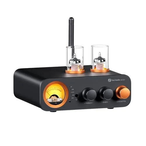 Fosi Audio MC331 Amplificador Integrado de Tubo con DAC, Amp de Potencia Estéreo de Audio Doméstico de 2.0 para Altavoces de Estantería/Auriculare de 3,5 mm, Preamp de Medidor VU Vintage con Bluetooth