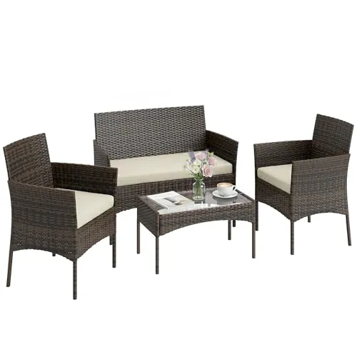Outsunny Conjunto Jardín Exterior de Ratán con Cojines Conjunto Terraza Resistente a la Intemperie Muebles Jardín Exterior con 2 Sillones Sofá de 2 Plazas Mesa con Cristal Marrón