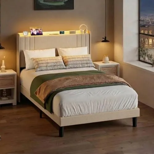 Blishom Cama Tapizada 120×200 cm con Cabecero, Láminas de Madera, Beige