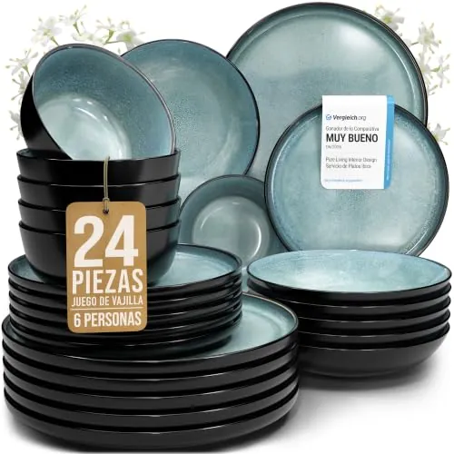 Juego de Vajilla de Steingut Ibiza para 6 Personas - 24 Piezas, Set de Vajilla para Lavavajillas y Microondas - Moderno Juego de Platos - Servicio de Pure Living en azul humo