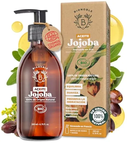 BIONOBLE Aceite de Jojoba 100 Puro y Natural, Orgánico, Prensado en Frío - Equilibra el Sebo, Anti Imperfecciones - Aceite Pelo, Piel, Uñas - Organic Jojoba Oil - Botella Vidrio y Bomba - 200ml