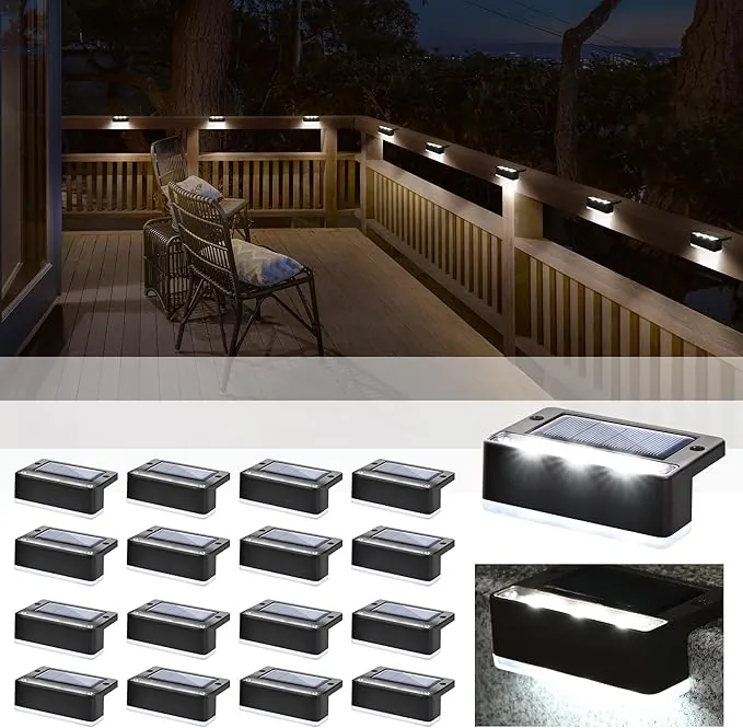 Solpex lámparas solares para exterior, 16 piezas, luz de escalera blanca, luces solares impermeables, iluminación LED para escaleras exteriores, escalones, valla, jardín, patio, decoración (Negro)