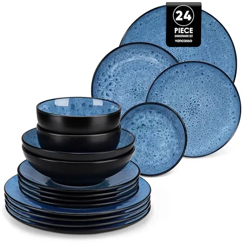 vancasso Serie BUBBLE Vajillas Completas 6 Personas, Vajilla 24 Piezas de Gres - 6 Platos Llanos, 6 Platos de Postre, 6 Cuencos Para Pasta e 6 Cuencos, Esmaltado Reactivo Azul, Apto para Lavavajillas
