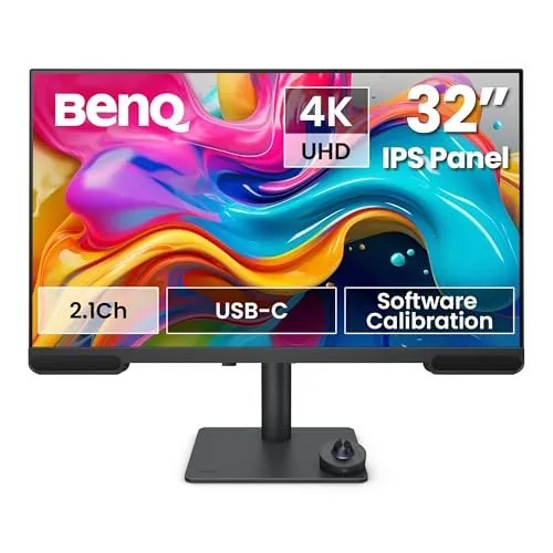 BenQ Creative Pro PV3200U Monitor 4K UHD de 32” para edición de vídeo, 95% DCI-P3, 100% Rec.709/sRGB, Altavoces 2.1, USB-C de 65 W, Compatible con Mac, calibrado de fábrica, calibración por Software