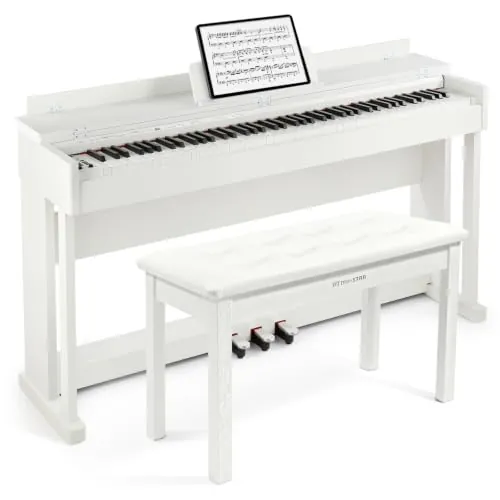 Piano digital MUSTAR de 88 teclas con banco, piano electrónico blanco con mecanismo de martillo, piano eléctrico con 3 adaptadores de pedal, 2 conectores para auriculares, sistema de control dual, USB