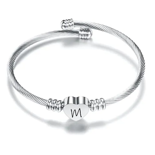 Suonie Plata Amor Corazón 26 Letra Inicial Alfabeto A-Z Pulsera Joyería Regalo Ajustable Para Hija Hijo Hermanas Amigos Madre Colega Amante Cumpleaños Navidad (M)