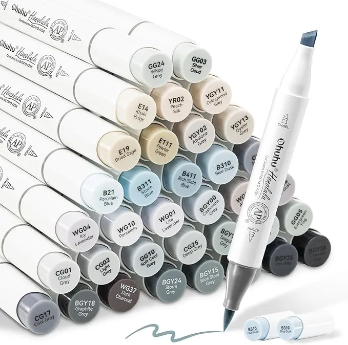 Ohuhu - Rotuladores de colores de arte, pincel de punta doble, rotuladores de alcohol, cepillo y cincel para artista estudiantes, para colorear y caligrafía con estuche, serie Honolulu