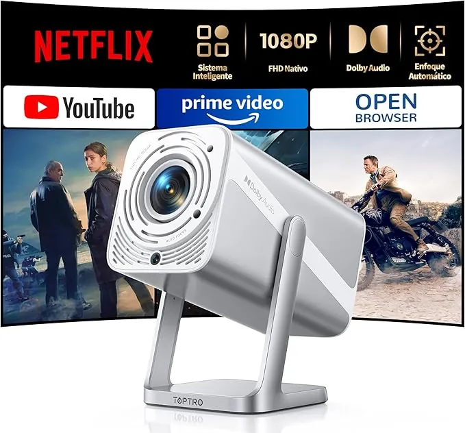 Proyector【Apps Oficial Integrada/Dolby】 Smart Proyector 4K Compatible con Netflix 700ANSI Auto Enfoque/Keystone Tiro Corto, ProyectorPortátil 1080P Giratorio 360° WiFi6 Bluetooth5.2 para Cine en Casa