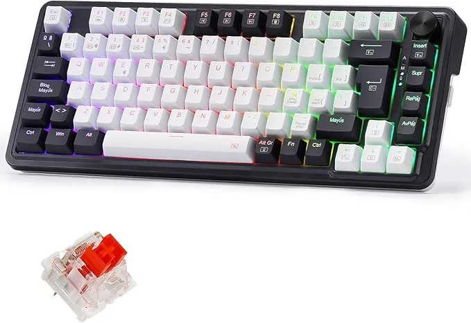 Redragon K673 Pro 75% Gasket RGB Teclado Mecánico, Teclado Gaming con Perilla, 82 Teclas, 2.4Ghz/BT/USB-C, Espumas Absorbentes de Sonido, Hot-Swap Interruptor Rojo, 4000mAh batería, QWERTY Español