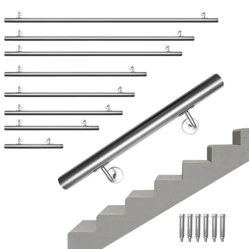 Jaxguom Pasamanos de acero inoxidable, pasamanos de 100 cm de largo, diámetro de 42 mm, para escaleras interiores y exteriores, incluye soporte de pared y tapas finales