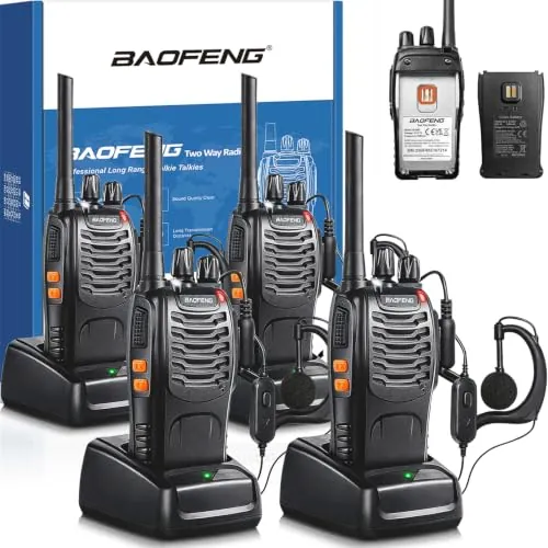 Walkie Talkies Profesionales de Largo Alcance para Adultos con Baterías Recargables, Radio de Dos Vías de 16 Canales con Cargador USB y Auriculares con Función VOX (Negro, 4 Piezas)
