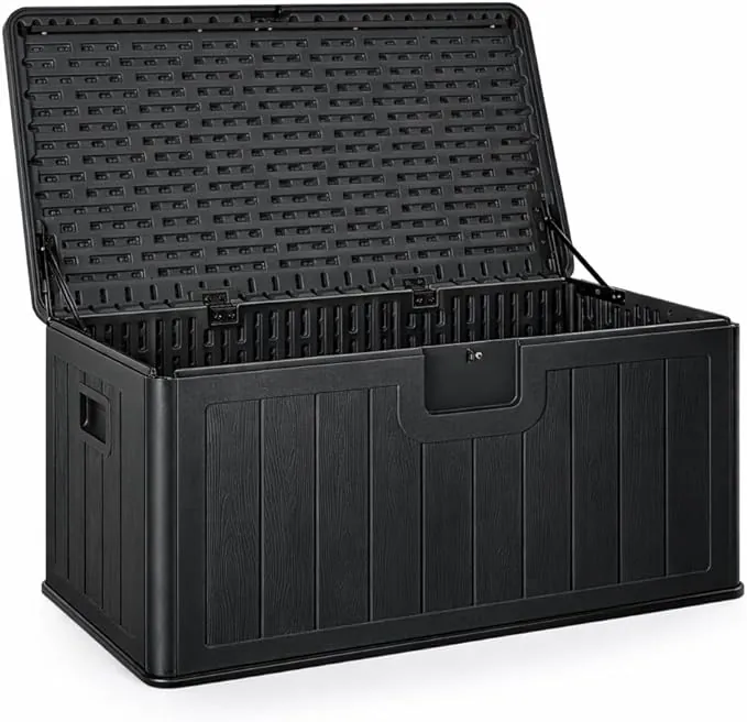 Baúl exterior almacenaje de resina impermeable multiusos 410L | Arcón de jardín resistente a la intemperie | Almacenamiento de cojines, herramientas o juguetes | Cofre organizador con tapa y asas