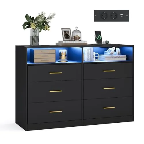 VASAGLE Cómoda para Dormitorio, con LED y Regleta de Enchufes, 6 Cajones