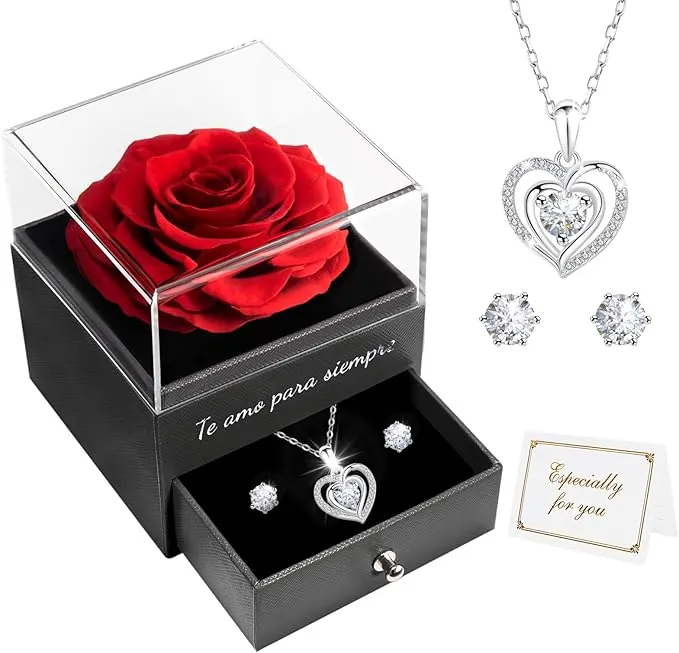 Miofula Rosa Eterna Regalos Originales para Mujer, Flores preservadas Caja de Regalo con Collar y Aretes, Regalo Aniversario Pareja, Regalo Mama Dia de la Madre, Regalos Mujer Cumpleaños San Valentin