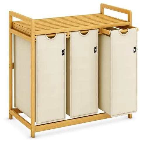 AdelDream Cesto de ropa sucia 150 L con 3 compartimentos, estante,bambú