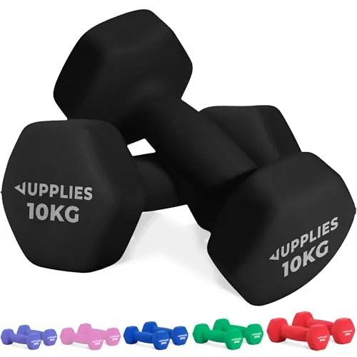JUPPLIES Juego de Pesas y Mancuernas de Neopreno 1Kg/2Kg/ 3Kg/ 4Kg/ 5Kg/10Kg (Pares) - Diseño compacto, Anti-Rodamiento y Antideslizantes - Entrenamiento en Casa (Negro - 2 x 10 kg)